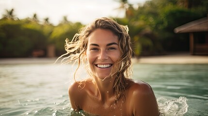 Portrait of smiling young woman standing in the water in a tropical environment