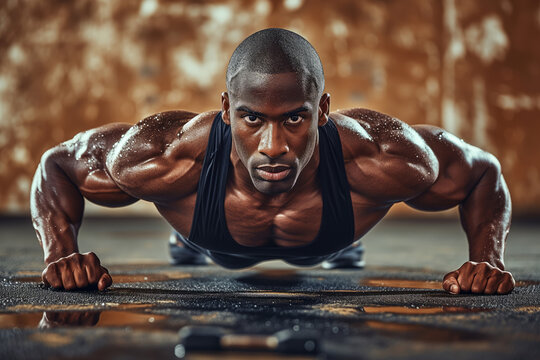 A african-american athlete with healthy muscular body doing pushups in a gym while sweating and improving his physical body form, an ad for a gym or a fitness club