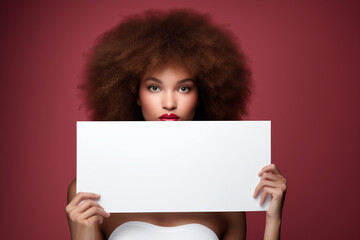 A confident female activist with a natural Afro and vibrant red lipstick, energetically holding up a large, eye-catching sign, sign mock-up