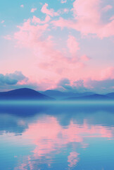 A sunrise over lake.  Vaporwave, light pink and light blue, dreamy colors. Mountainous vistas. romantic landscape background.