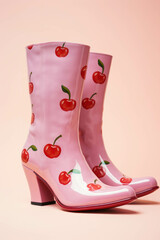 Pink boots with cherries print on them against light pink background. Minimal fashion idea. Light pink and red colors. Summer fruit idea. Love concept.