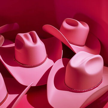 Few pink cowboy hats on a pink background. Pop art inspiration. Romantic photography. Love concept.