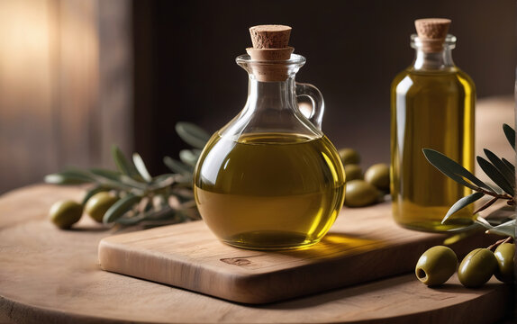 Recipiente Con Aceite De Oliva Sobre Tabla De Madera