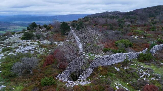 Trap to hunt wolves (Canis lupus), called the Lobera de Barr&oacute;n in the Sierra de Arcamo. Aerial view from a drone. Artaza. Alava. Basque Country. Spain. Europe