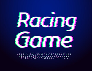 Vector bright flyer Racing Game with Digital Font. Glitch style Alphabet Letters and Numbers.