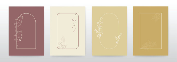 Set of Minimal background frames with hand drawn flowers and leaves.