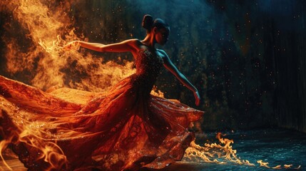 Flamenco Dance Fiery Passion. A stunning Spanish woman gracefully dances flamenco, with burning flames in the background. Expression of passion and artistry concept
 - obrazy, fototapety, plakaty