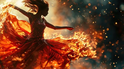 Flamenco Dance Fiery Passion. A stunning Spanish woman gracefully dances flamenco, with burning flames in the background. Expression of passion and artistry concept
