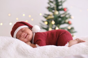 Obraz na płótnie Canvas child in santa claus clothes sleeping on fluffy bed.