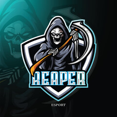 Grim Reaper e-sport logo design vector illustration for badge, emblem and t shirt printing. Angry reaper with sport and e-sport team. Grim illustration on isolated background. Premium Vector