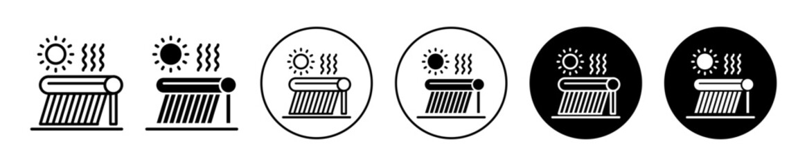 Solar Water Heater icon. environment friendly home or industrial roof top solar water heater panel with reservoir tank and heating tube pipe symbol vector sign. sunlight power absorbing solar heater 