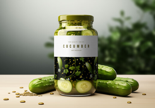 Glass Jar Pickle Mockup &ndash; Front-Facing Scene with Fresh Cucumbers and Realistic Shadows on Wooden Surface