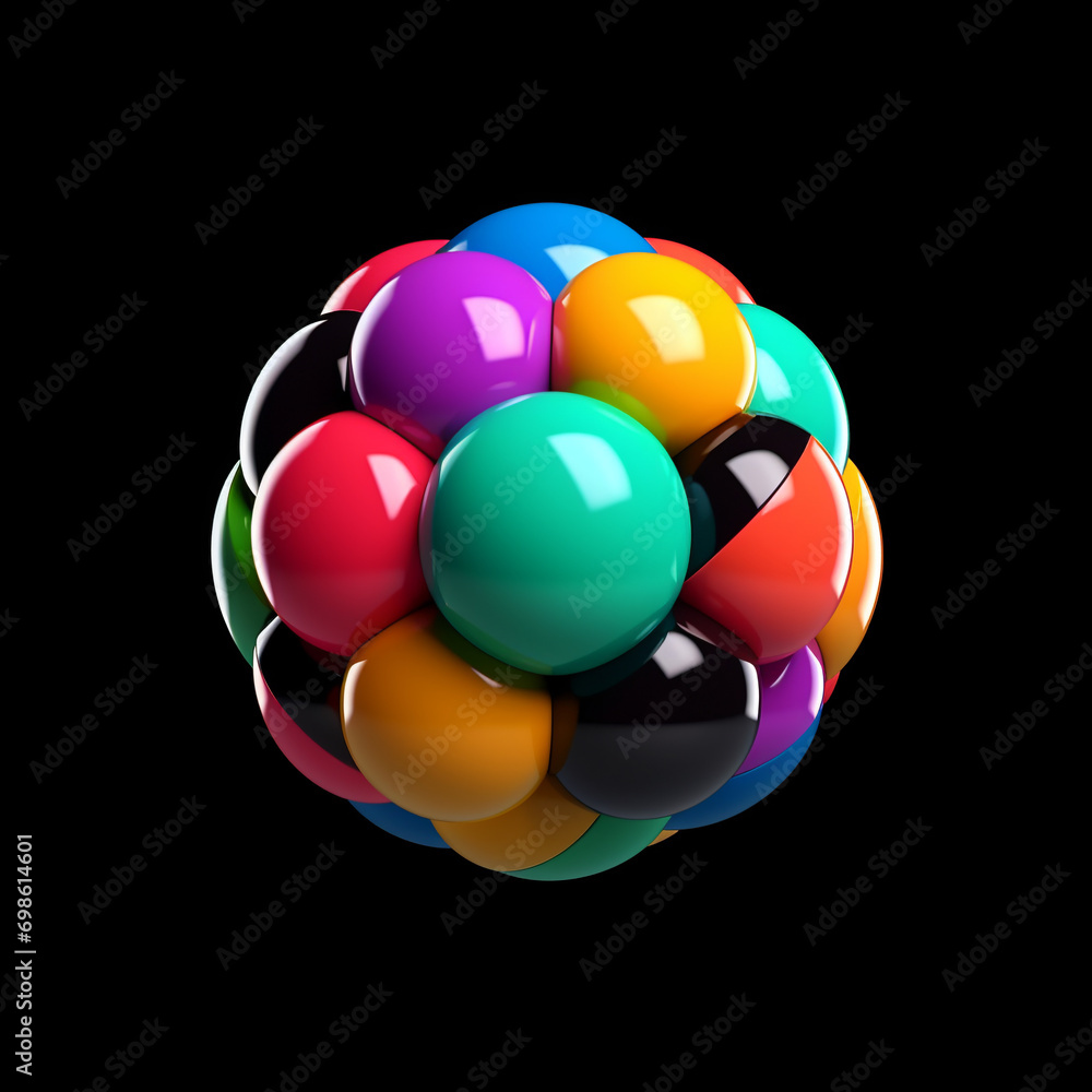 Poster 3d render of multicolored spheres isolated on black background.ai.