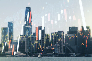 Multi exposure of virtual abstract financial graph hologram and world map on San Francisco...