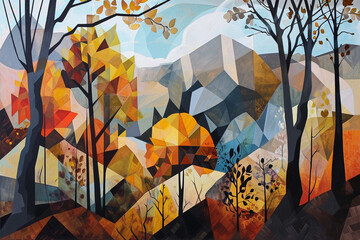 Nature's Facets - Cubist-inspired depiction of a natural scene, breaking down trees, mountains, and sky into angular forms. The composition explores the multifaceted nature of the