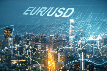 Abstract virtual EURO USD financial chart illustration on San Francisco skyline background. Trading...