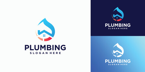 Home plumbing service logo design in the shape of a water drop, installation, maintenance and repair - obrazy, fototapety, plakaty