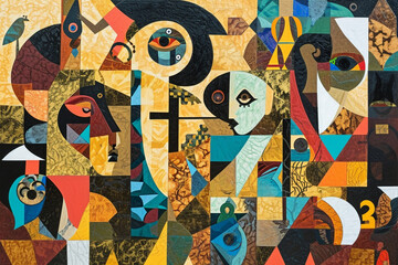Cultural Mosaic - Cubist representation of cultural symbols and artifacts, breaking down traditional imagery into abstract shapes and rearranging them in a mosaic-like composition.