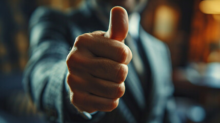 A businessman giving a thumbs up gesture of approval and success