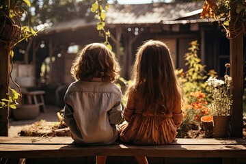 Two children, a sister and brother, both sitting on a porch in the summer afternoon, looking out at the yard. Concept of childhood and long summer afternoons - obrazy, fototapety, plakaty