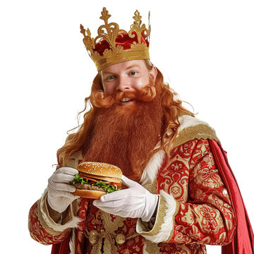 Rey mago de oriente Gaspar sosteniendo entre sus manos una hamburguesa, sobre fondo transparente png