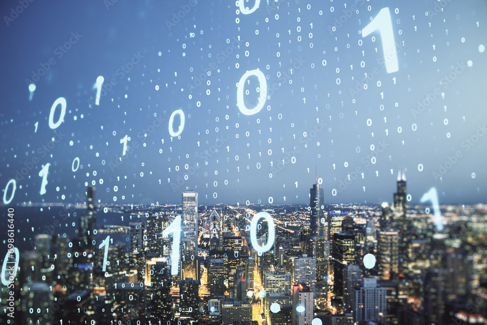 Leinwandbilder Double exposure of abstract virtual binary code hologram on Chicago city skyscrapers background. Database and programming concept