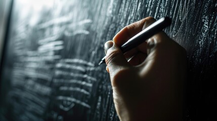 person holding pen against blackboard, the hands writing on a blackboard, 