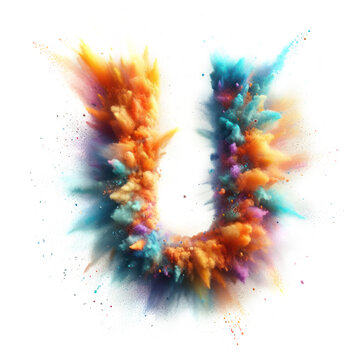 Letter U - Colored powder explosion font isolated on white background - uppercase letter U from the alphabet - Vibrant colors contrasting with a white background text - Colorful dust burst typeset