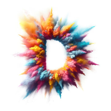 Letter D - Colored powder explosion font isolated on white background - uppercase letter D from the alphabet - Vibrant colors contrasting with a white background text - Colorful dust burst typeset