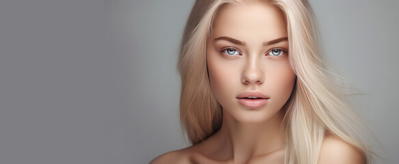 Naklejka premium Portrait of a beautiful, elegant, sexy Caucasian woman with perfect skin and white long hair, on a gray background.