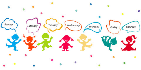 Colorful cartoon kids with days of the week written in chat bubbles - 698616868