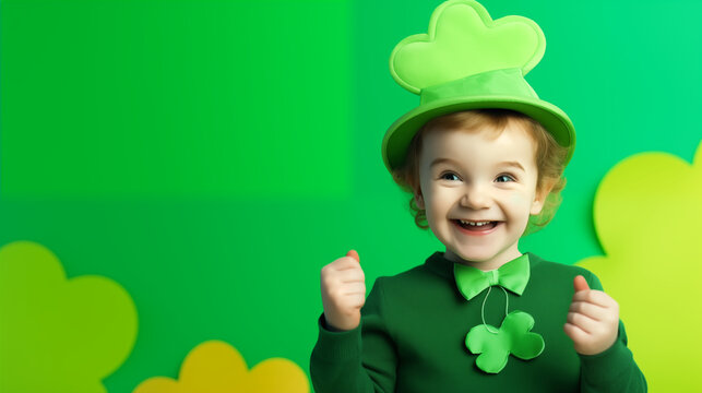 cheerful boy in a green outfit with shamrocks on a colored background, st. patrick's day