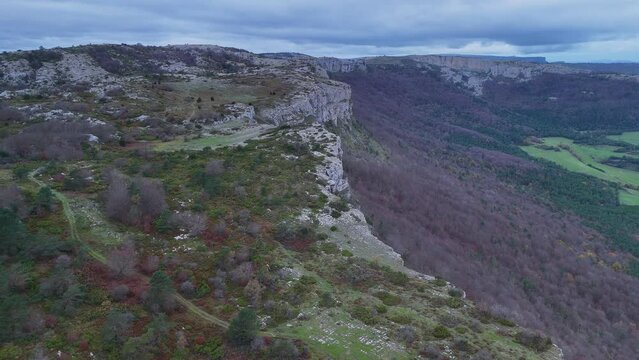 Winter landscape around the trap for hunting wolves (Canis lupus), called the Lobera de Barr&oacute;n in the Sierra de Arcamo. Aerial view from a drone. Artaza. Alava. Basque Country. Spain. Europe