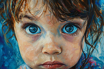 Innocent Eyes - A portrait of a child rendered in naive art style, emphasizing the innocence and wonder of youth through big, expressive eyes and uncomplicated forms - obrazy, fototapety, plakaty