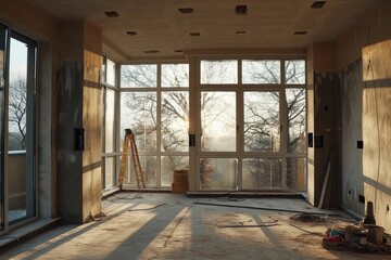 House Renovation Evolution: Construction Site for Finishing the space with Big Windows, Capoto, and Drywall - obrazy, fototapety, plakaty
