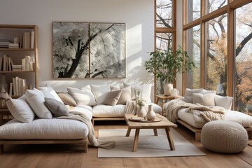 Living room adorned in the Scandinavian style. Plush, cozy furniture with clean lines, creating a welcoming and comfortable space for relaxation