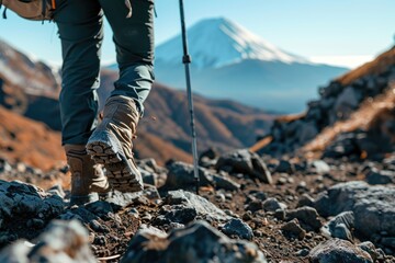 Mountain Adventure: Person in Hiking Boots Walking with Mount Fuji in the Background - JAPAN, A...