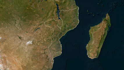 Mozambique outlined. Low-res satellite map
