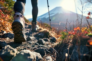 Mountain Adventure: Person in Hiking Boots Walking with Mount Fuji in the Background - JAPAN, A...