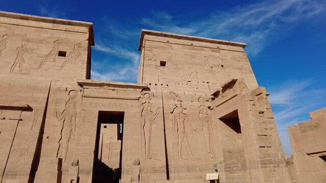 Aswan, Egypt: Exterior footage of the famous Philae Temple on the Nile river in Upper Egypt in Africa. 