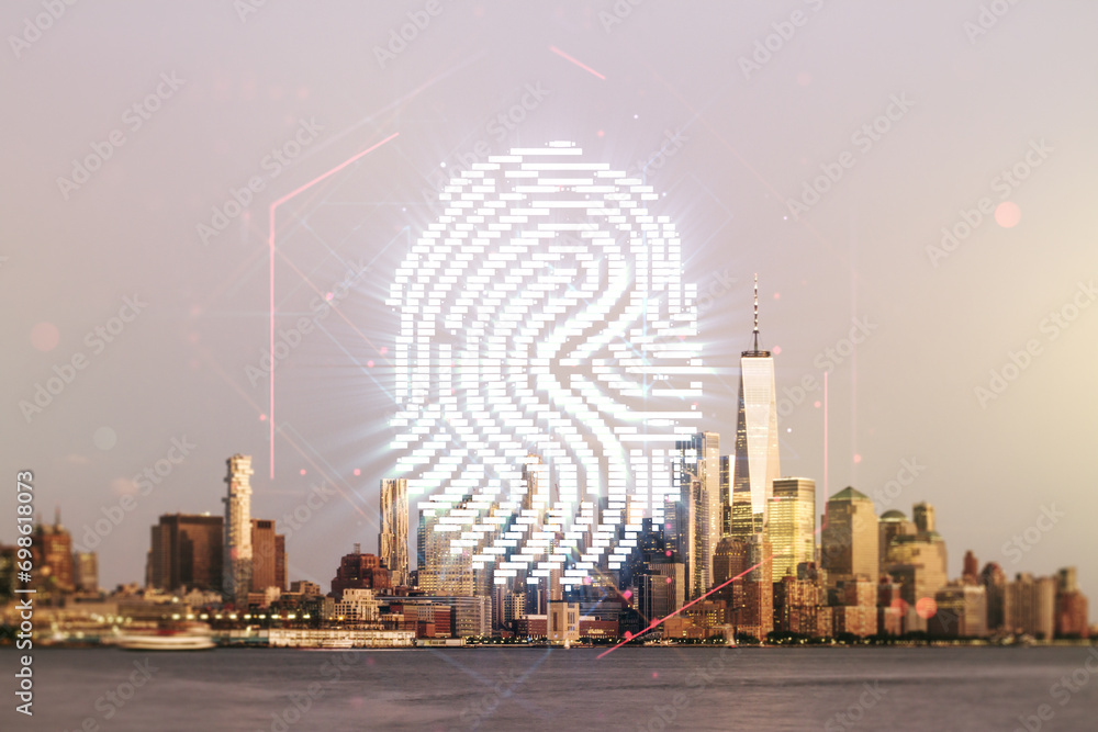 Poster multi exposure of virtual fingerprint scan interface on manhattan office buildings background, digit