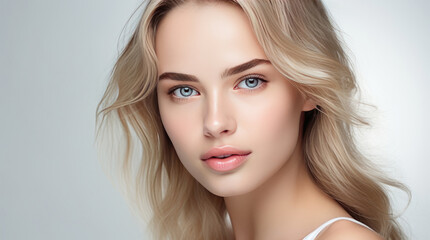 Naklejka premium Portrait of a beautiful, elegant, sexy Caucasian woman with perfect skin, on a white background, banner.