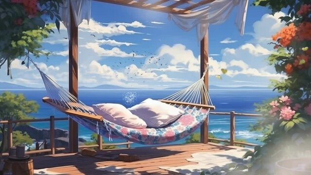relaxing on the beach in spring season anime style background. 4k loop animation