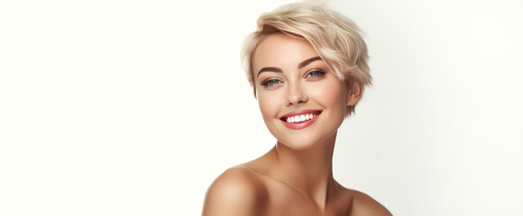Obraz premium Portrait of a beautiful, sexy Caucasian woman with perfect skin and white short hair, on a white background.