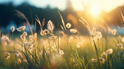Tranquil images of a peaceful meadow with tall grass swaying in the breeze, inviting viewers to relax and enjoy the simplicity of nature. [spring nature pictures for relaxation] - obrazy, fototapety, plakaty