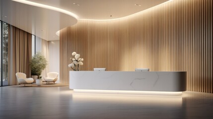 Contemporary Reception Counter Design. Stylish and Functional Lobby Area with Modern Interior in White and Wood