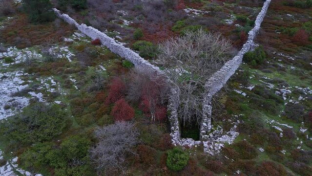 Trap to hunt wolves (Canis lupus), called the Lobera de Barr&oacute;n in the Sierra de Arcamo. Aerial view from a drone. Artaza. Alava. Basque Country. Spain. Europe