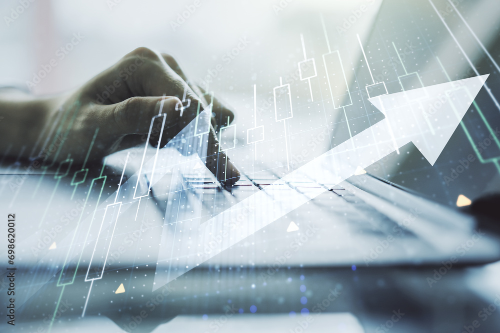 Poster double exposure of abstract creative financial diagram with upward arrow and hands typing on compute