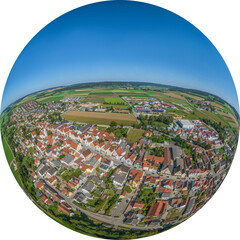 Rennertshofen im westlichen Oberbayern im Luftbild, Little Planet-Ansicht, freigestellt