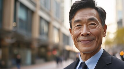 Middle-aged Asian businessman radiates happiness and confidence